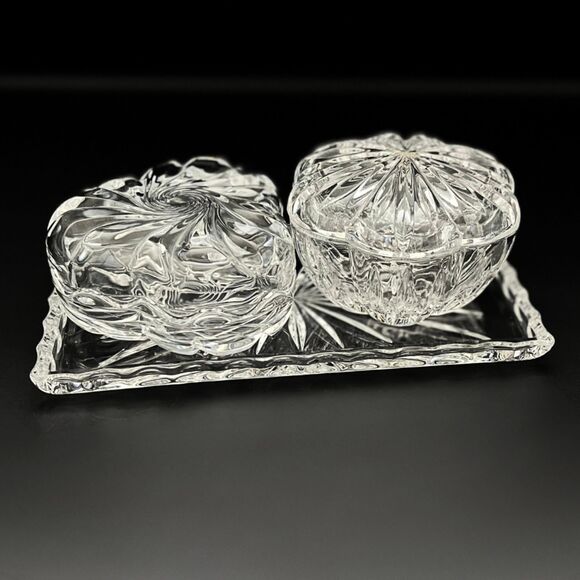 Vintage Glass Vanity Set Cristal d'Arques France Lead Crystal Trinket Dish Tray - Picture 3 of 6